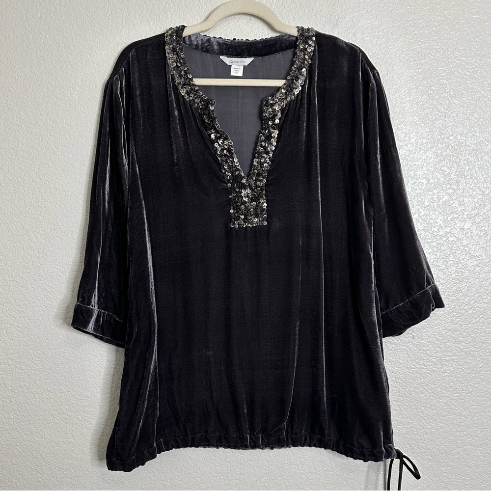 Garnet Hill Silk Blend Gray Velvet Sequin Tie Hem Tunic Top, Size 8
